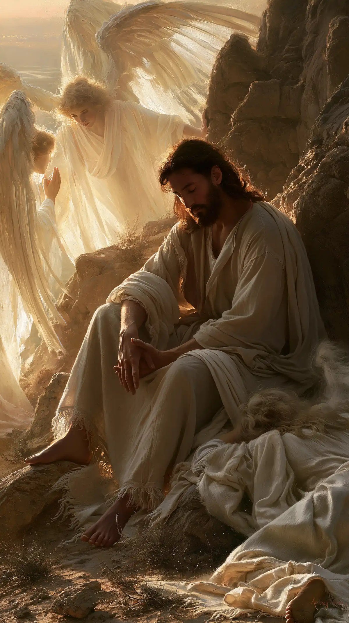 angels ministering to Jesus after the temptation in Angels After the Temptation style, portrait Christian artwork no. 12