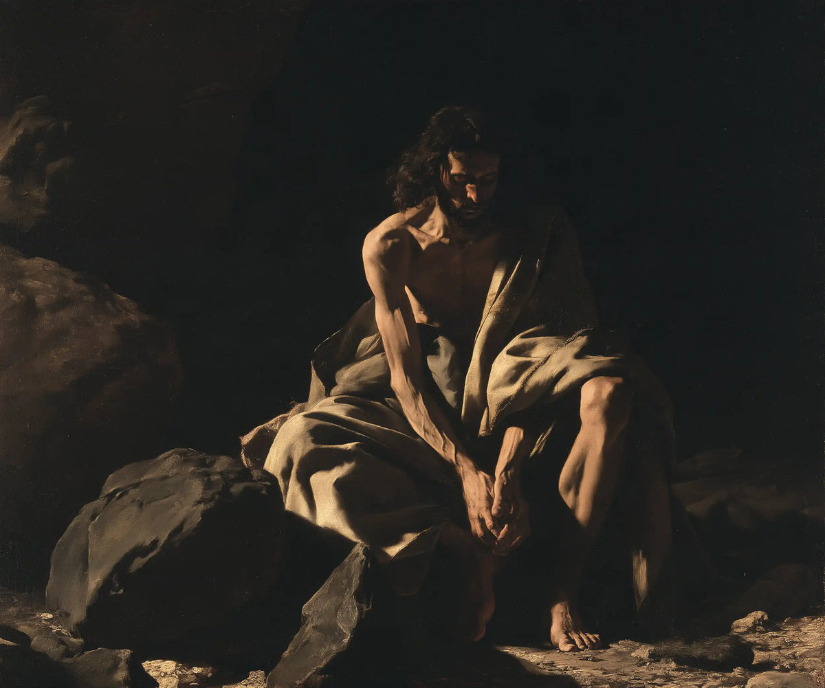 Jesus in the desert during the temptation in Caravaggio Tenebrism style, landscape Christian artwork no. 6