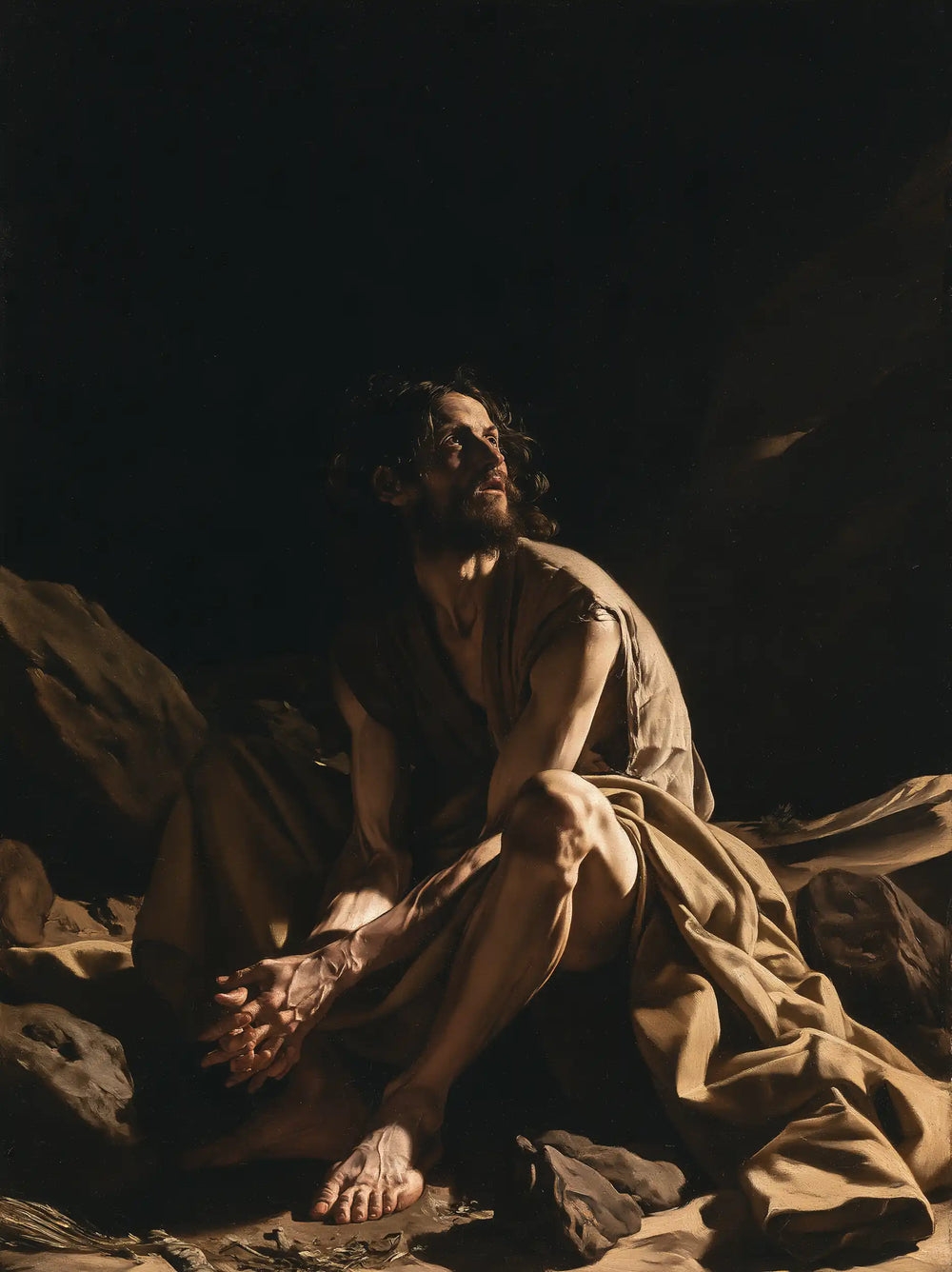 Jesus in the desert during the temptation in Caravaggio Tenebrism style, portrait Christian artwork no. 16