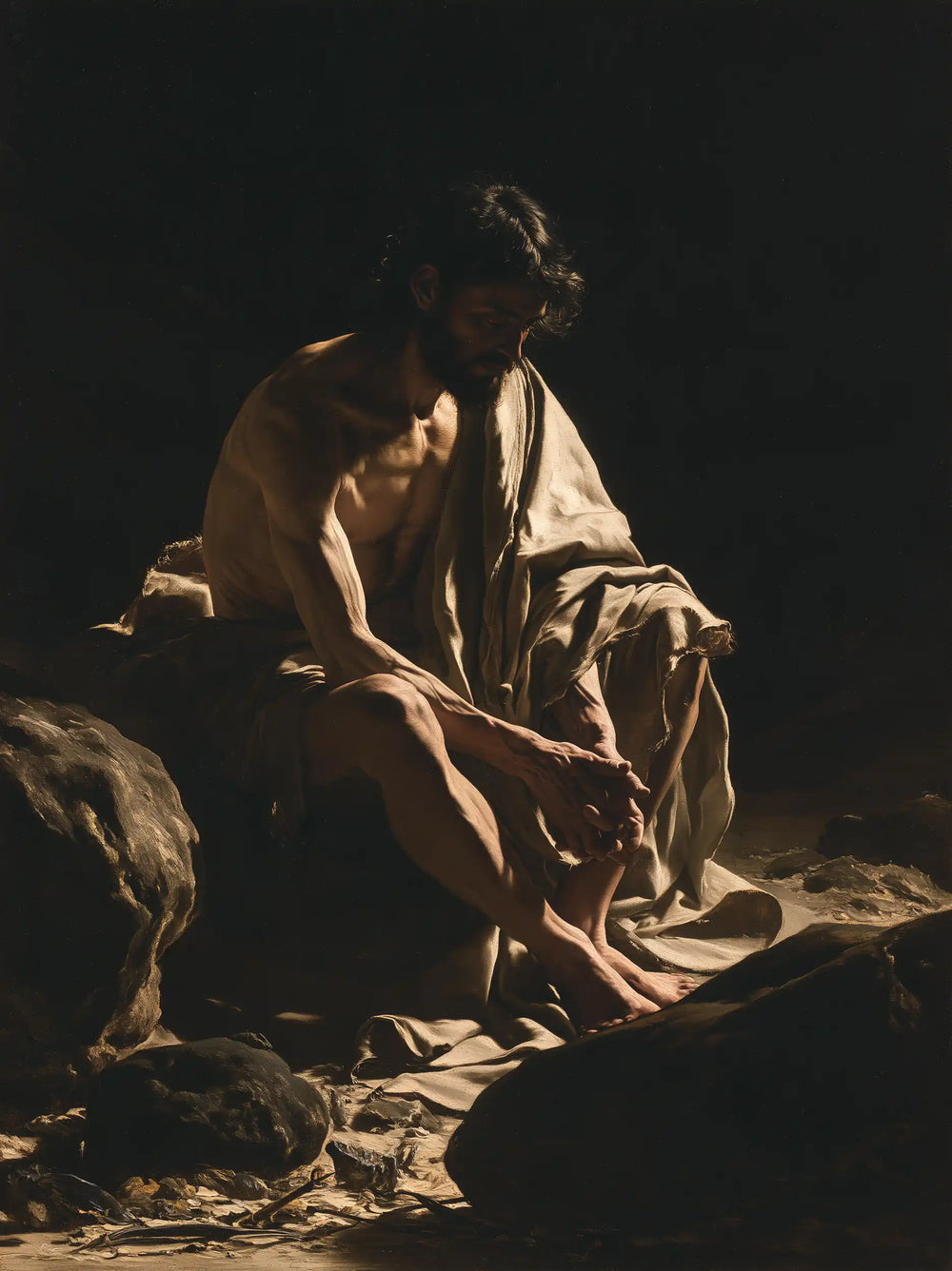Jesus in the desert during the temptation in Caravaggio Tenebrism style, portrait Christian artwork no. 17
