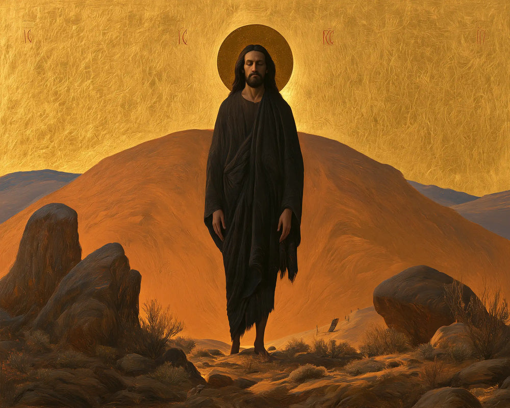 Jesus in the desert during the temptation in Contemporary Byzantine style, landscape Christian artwork no. 7