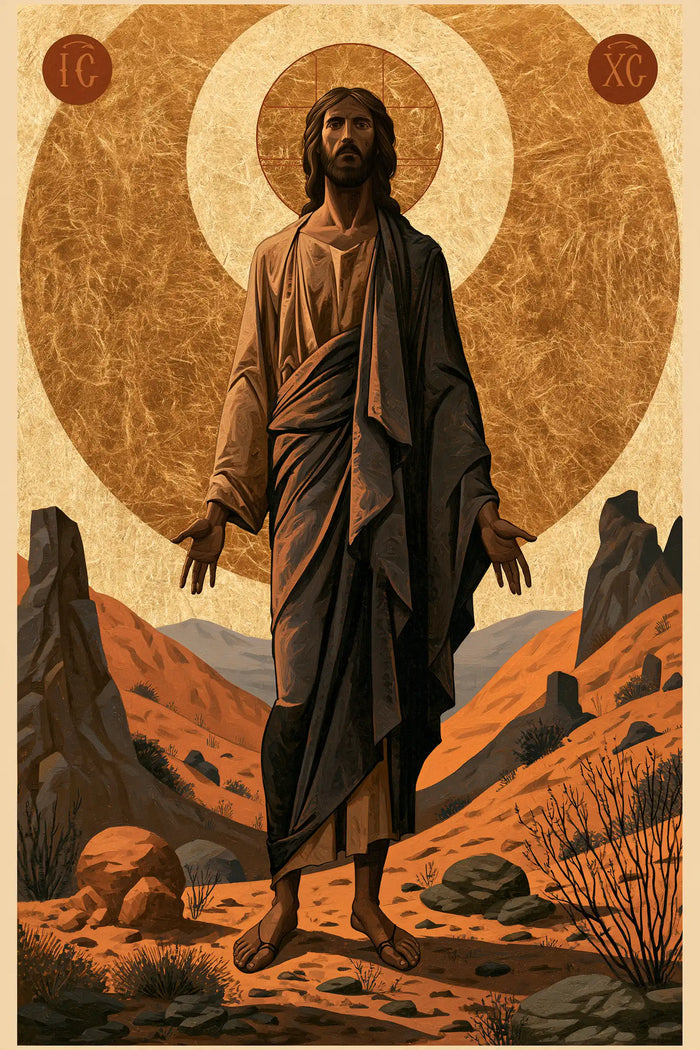 Jesus in the Desert — Open Hands Beneath Golden Circles