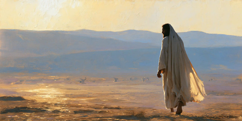 Jesus in the desert during the temptation in Impressionist style, landscape Christian artwork no. 15