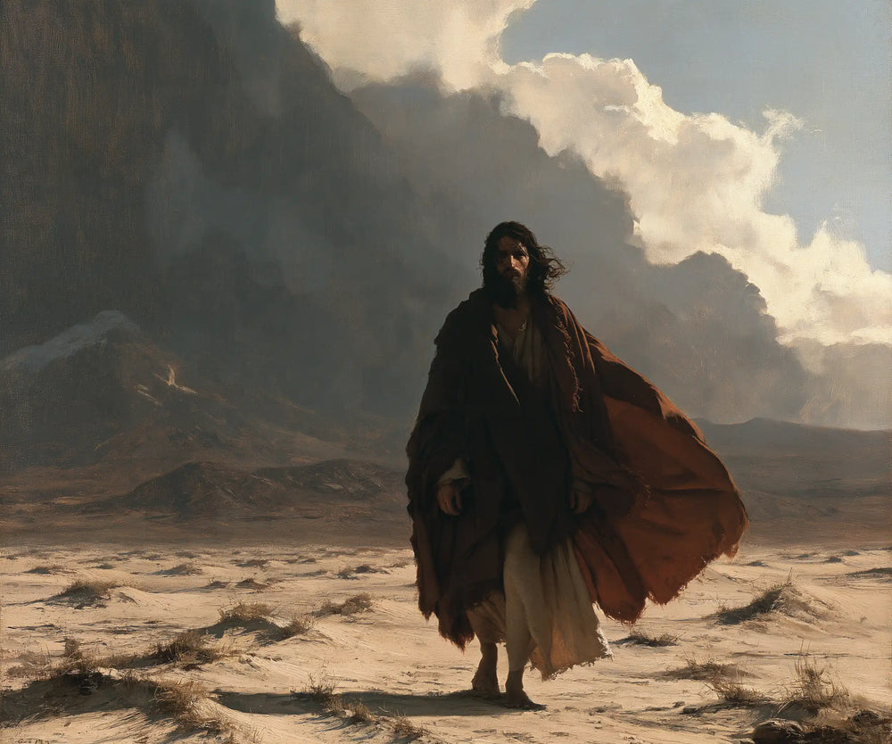 Jesus confronting an inner spiritual struggle in the desert in The Inner Struggle style, landscape Christian artwork no. 2