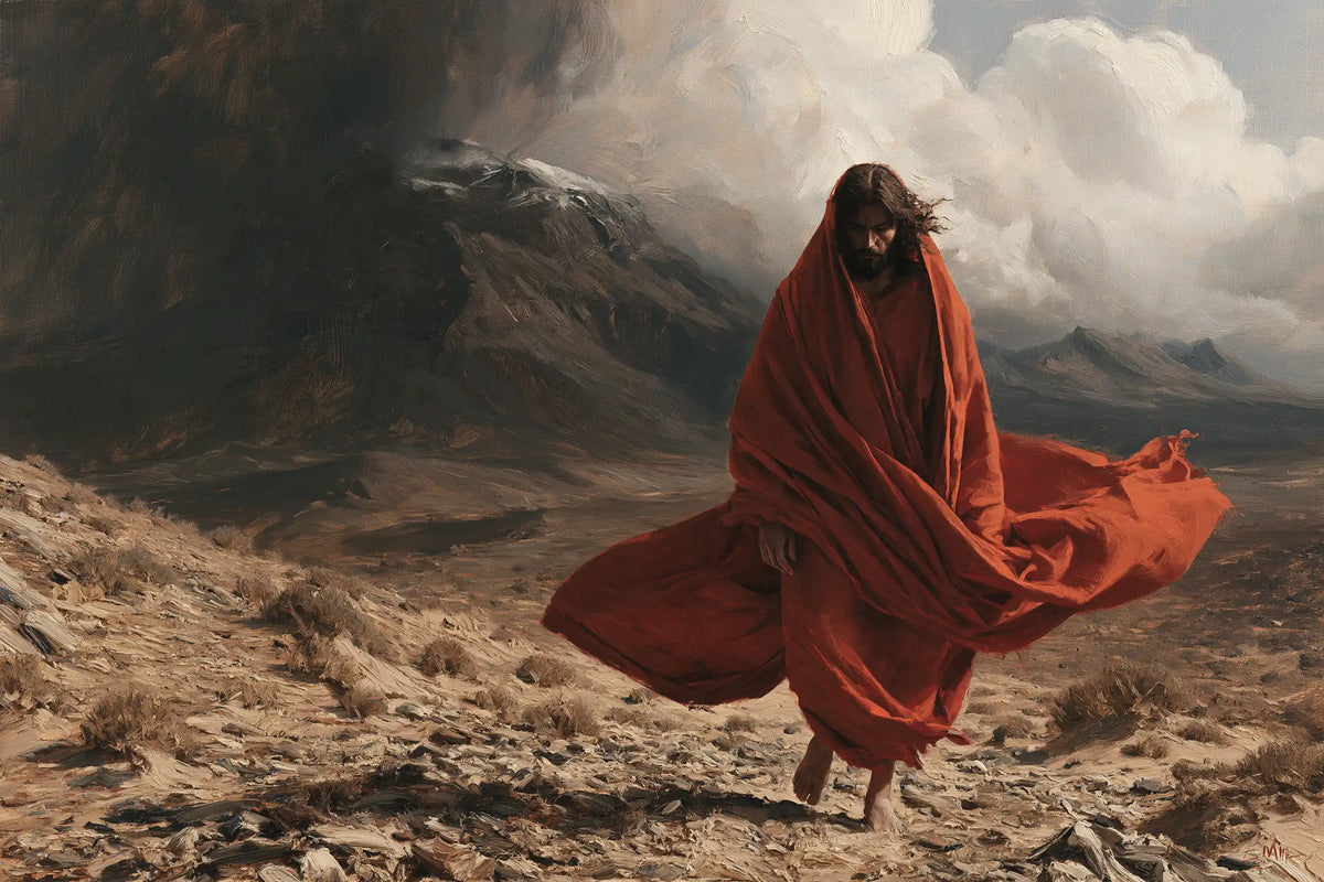 Jesus in the Desert — Crimson Borne by the Desert Wind