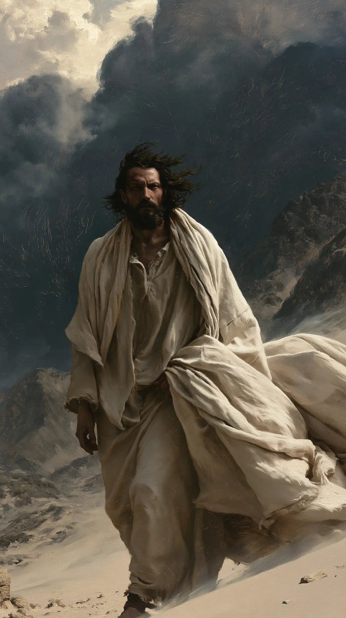 Jesus in the Desert — White Cloth against the Black Mountain
