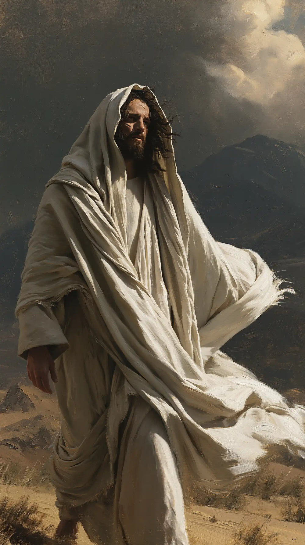 Jesus confronting an inner spiritual struggle in the desert in The Inner Struggle style, portrait Christian artwork no. 11