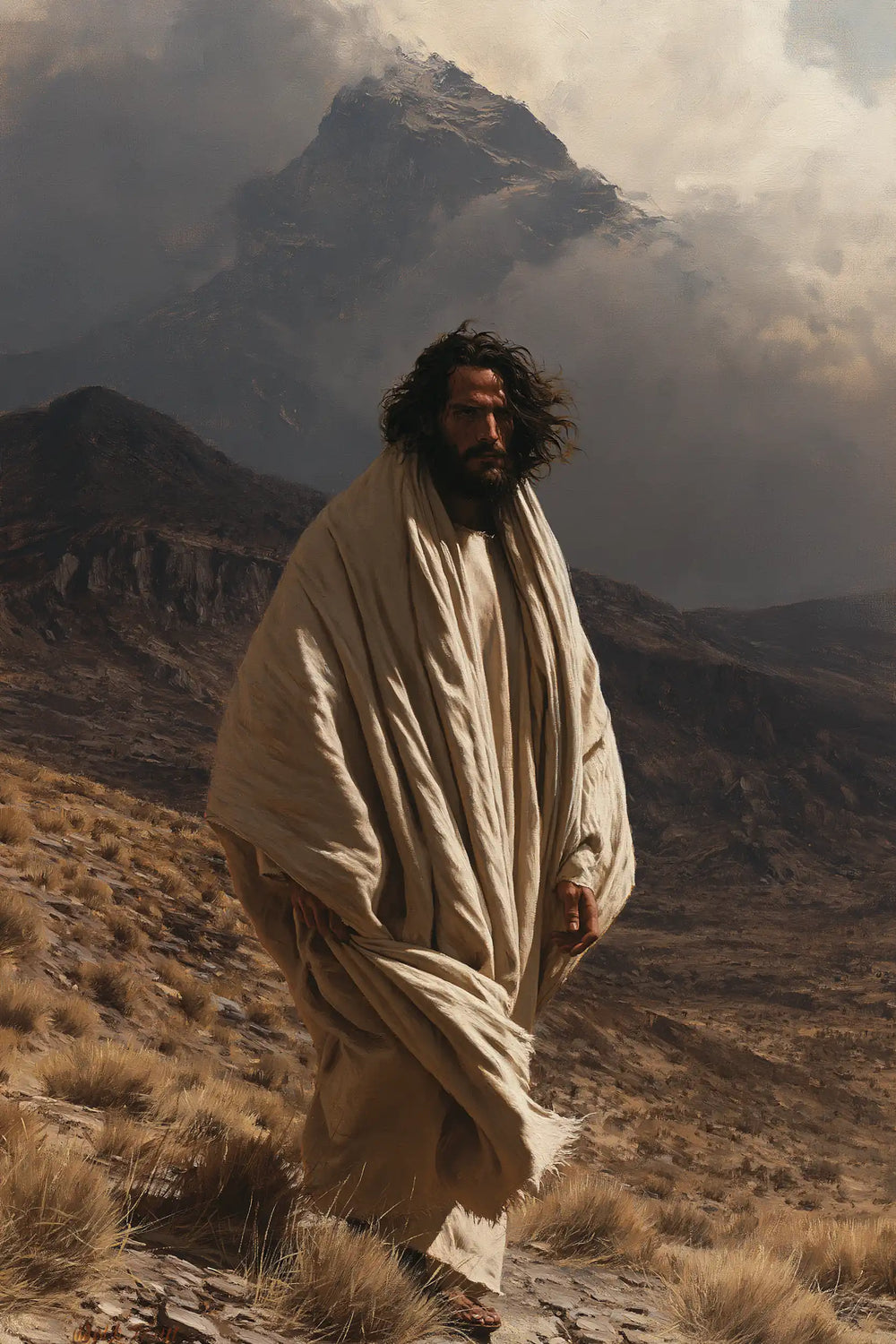 Jesus confronting an inner spiritual struggle in the desert in The Inner Struggle style, portrait Christian artwork no. 29