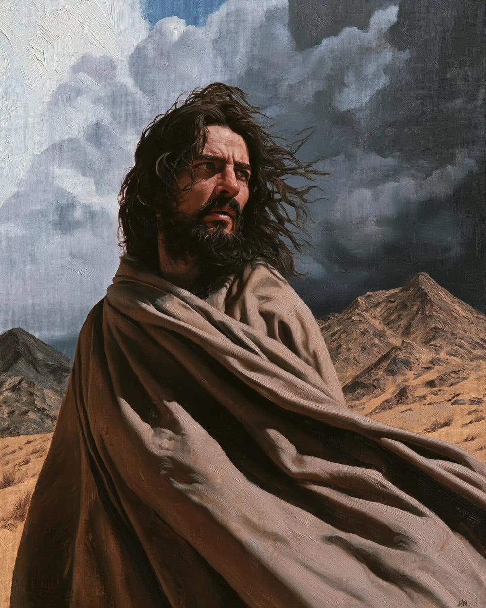 Jesus confronting an inner spiritual struggle in the desert in The Inner Struggle style, portrait Christian artwork no. 37
