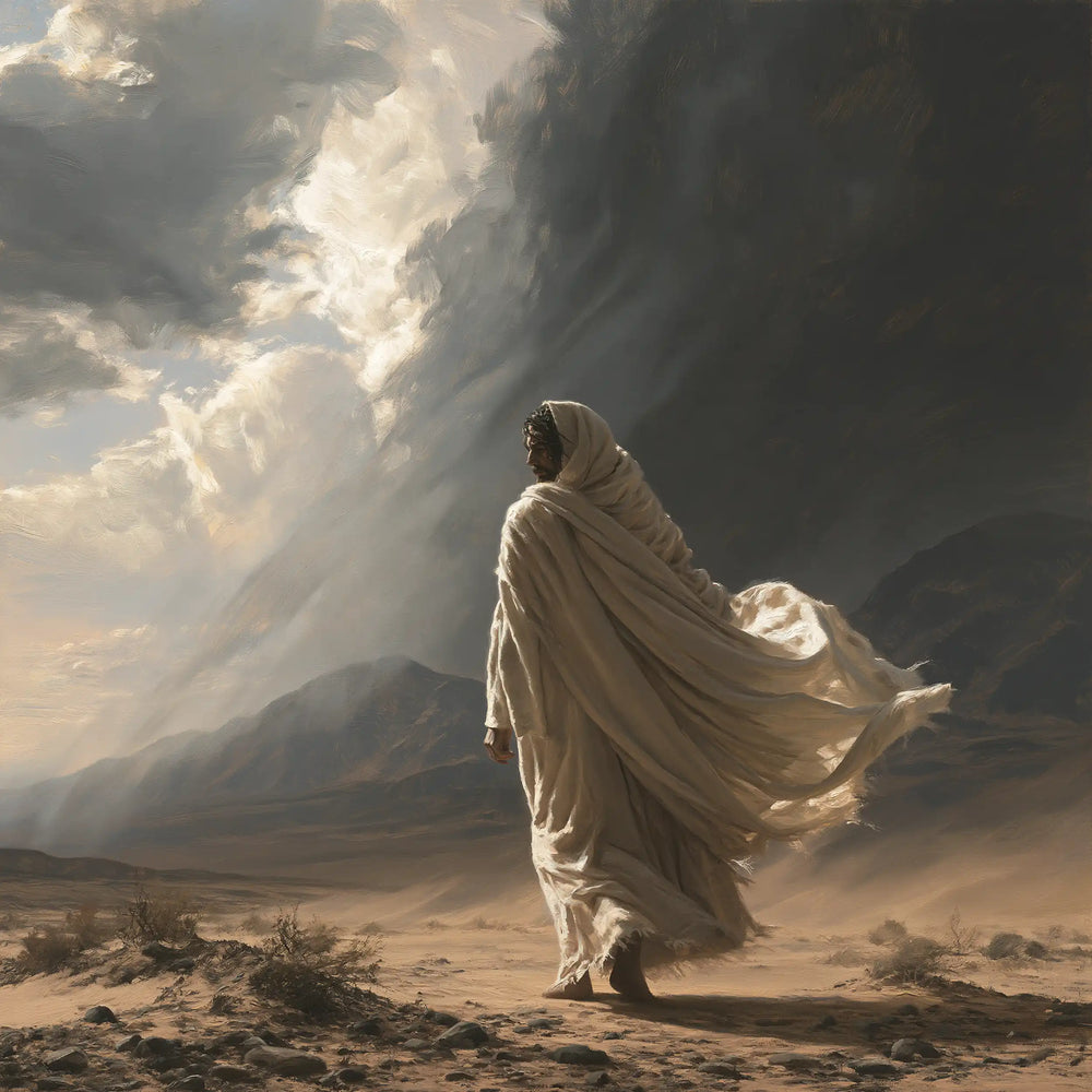Jesus confronting an inner spiritual struggle in the desert in The Inner Struggle style, square Christian artwork no. 4