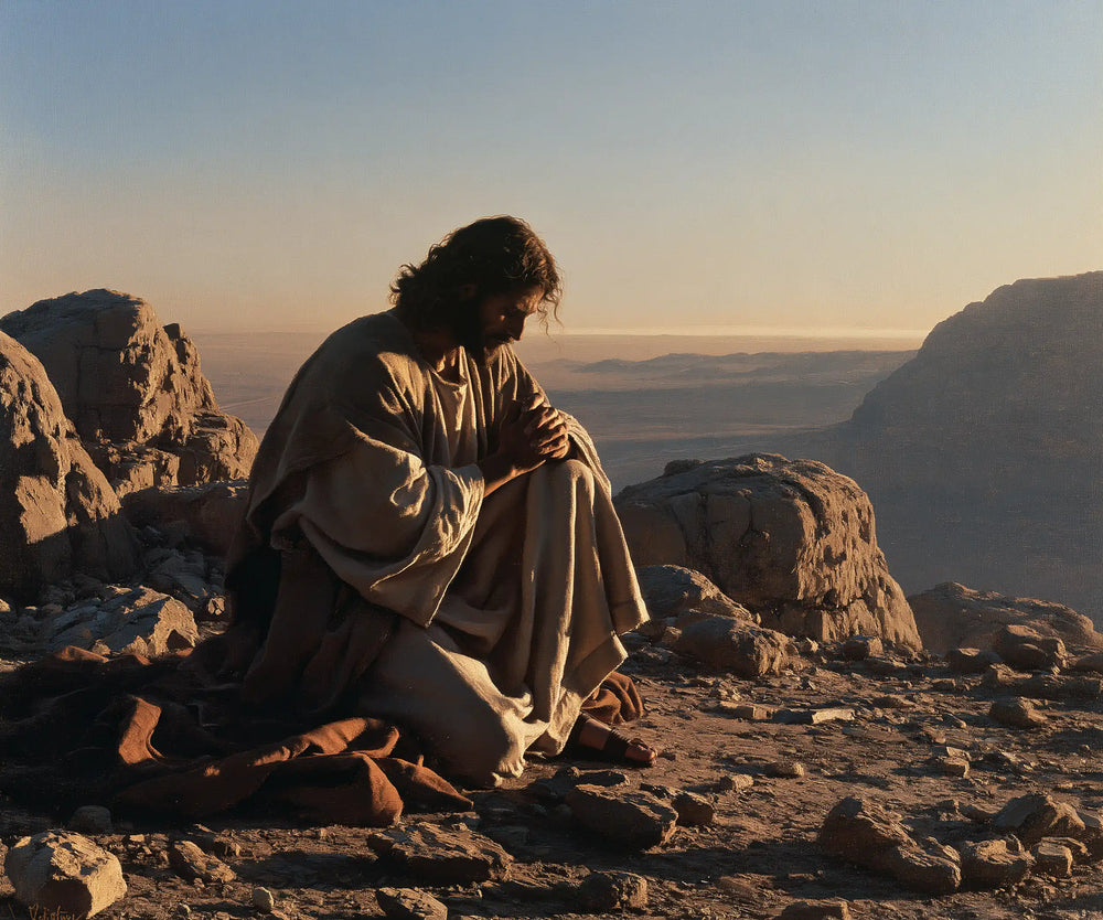 Jesus praying alone in the desert in Jesus in Prayer style, landscape Christian artwork no. 1