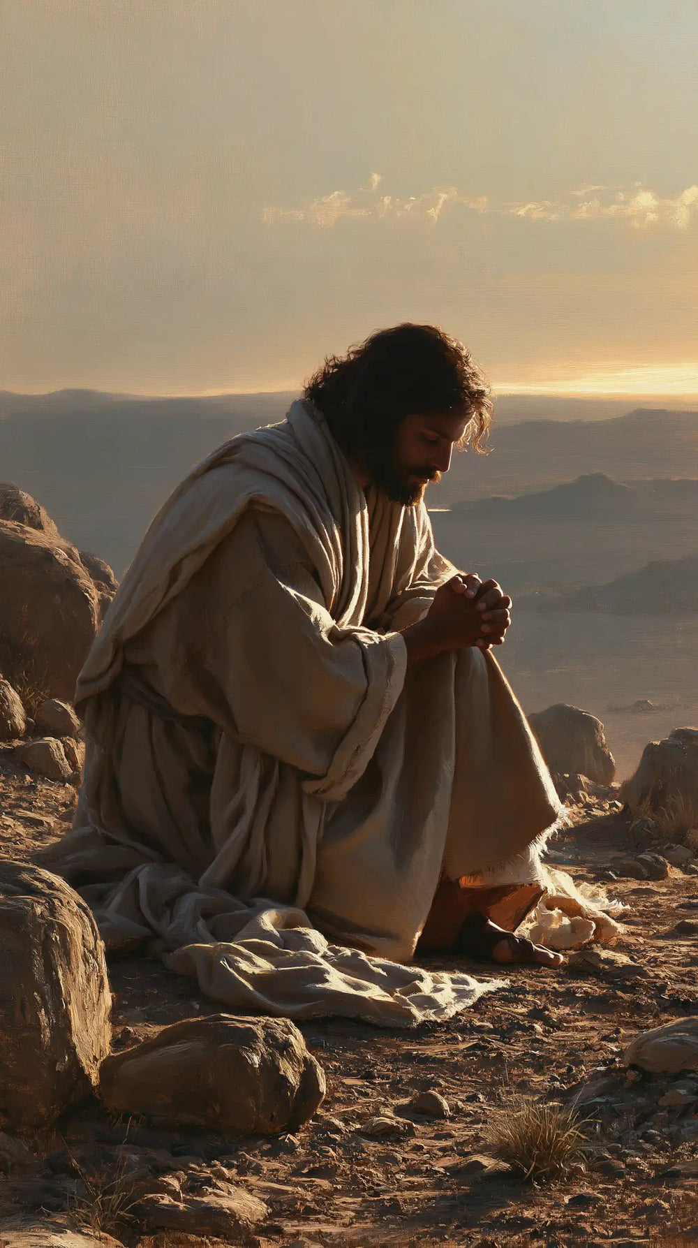 Jesus praying alone in the desert in Jesus in Prayer style, portrait Christian artwork no. 1