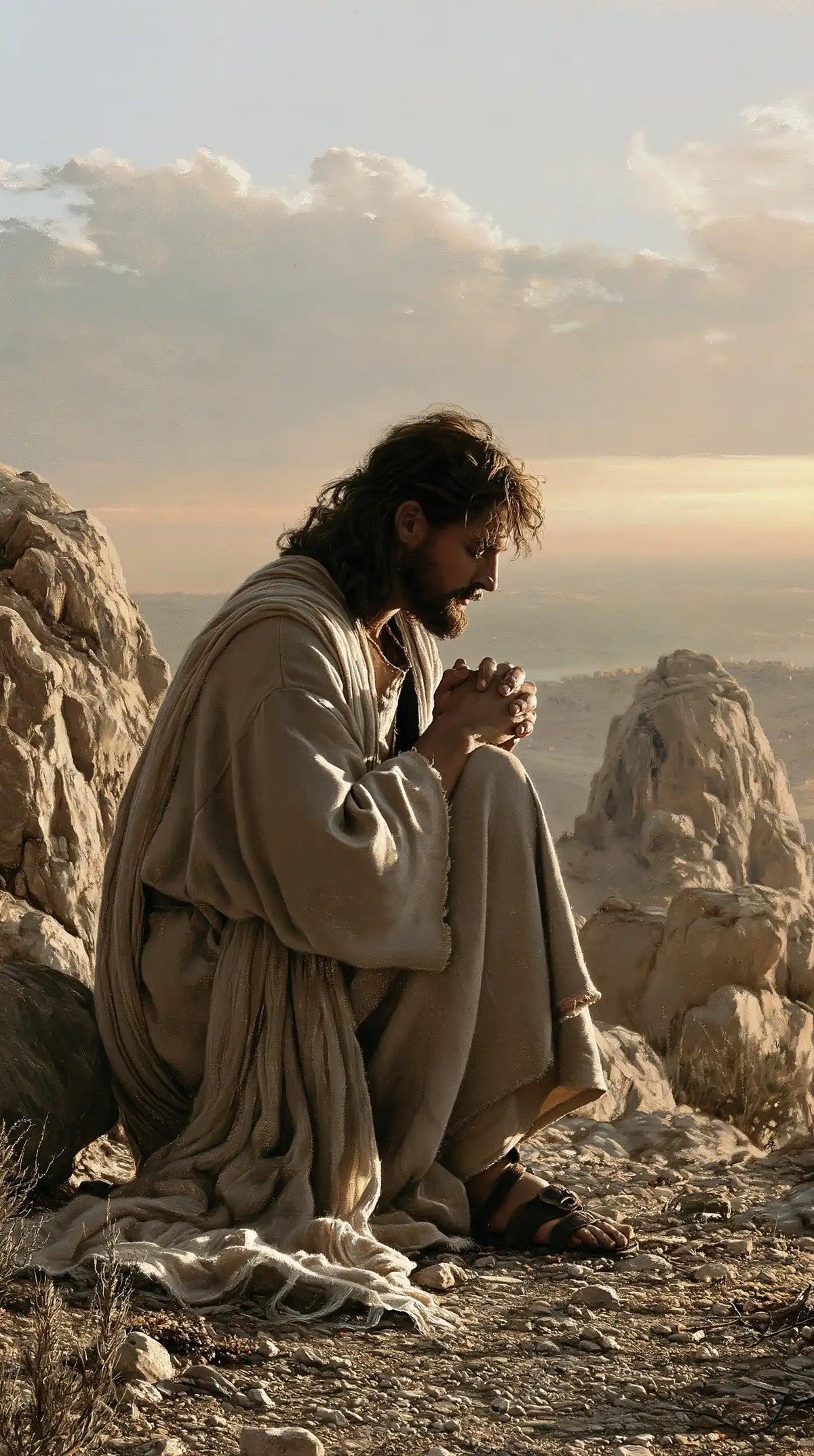 Jesus in the Desert — Hands Facing the Pale Stones