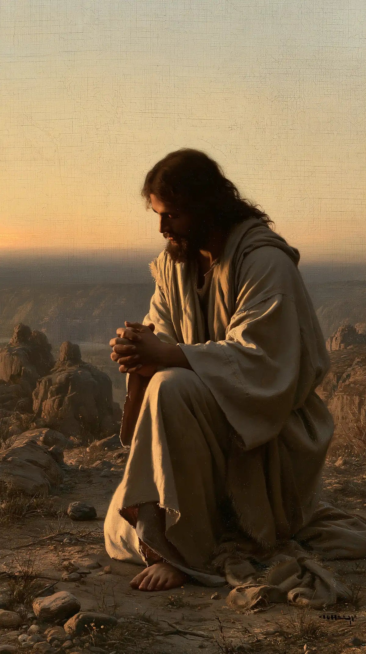 Jesus in the Desert — Hands Resting upon Linen