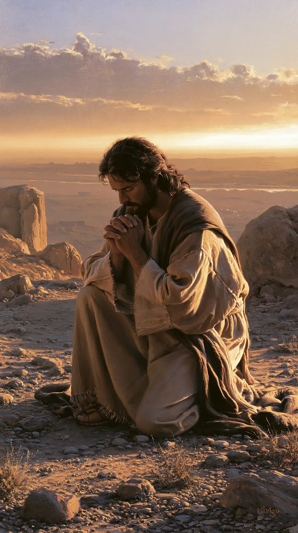 Jesus praying alone in the desert in Jesus in Prayer style, portrait Christian artwork no. 29