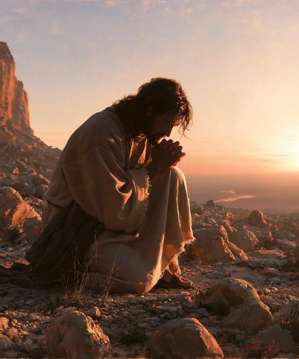 Jesus praying alone in the desert in Jesus in Prayer style, portrait Christian artwork no. 43