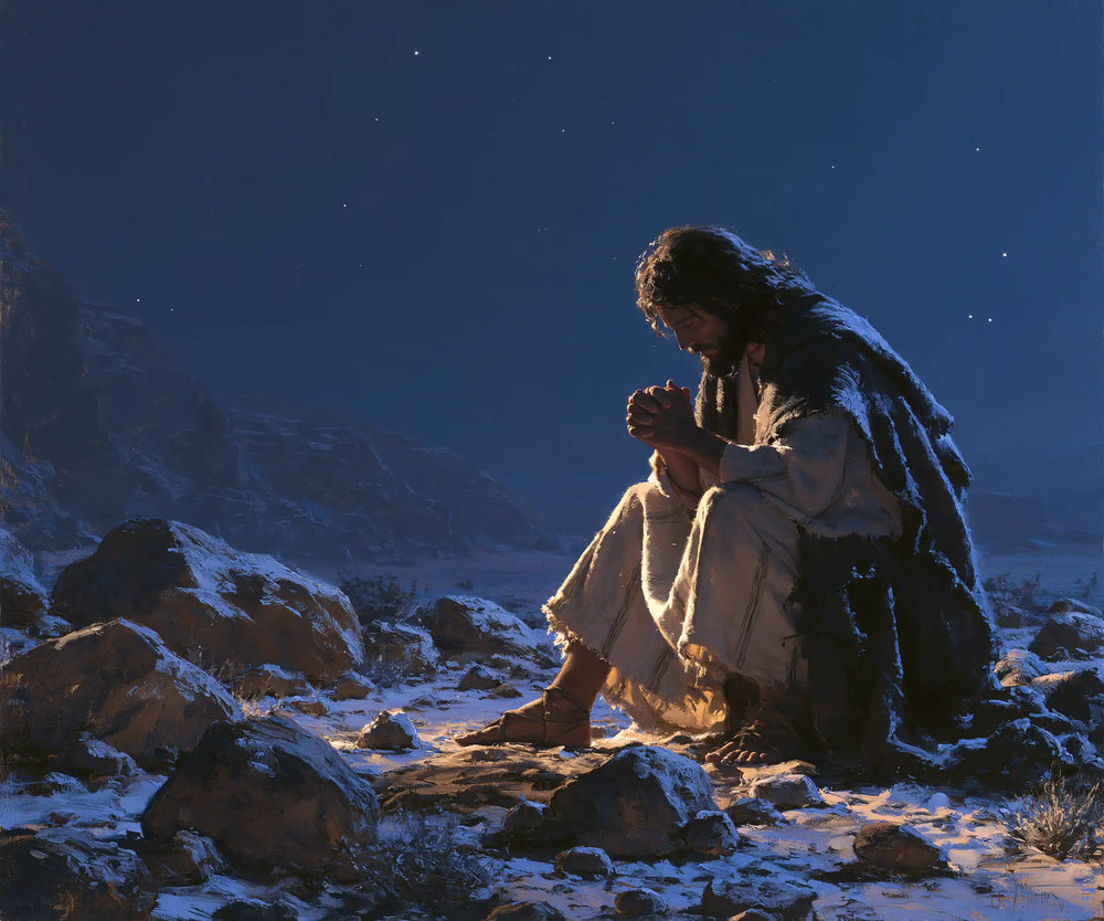Jesus in the desert during the temptation in Midnight Blue Chiaroscuro style, landscape Christian artwork no. 3