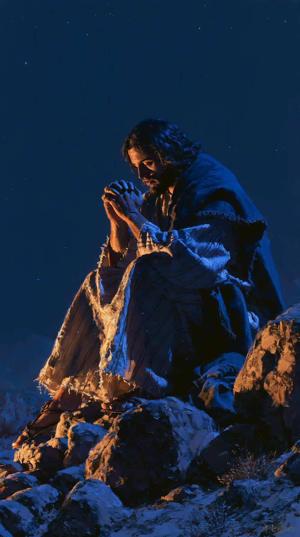 Jesus in the desert during the temptation in Midnight Blue Chiaroscuro style, portrait Christian artwork no. 1