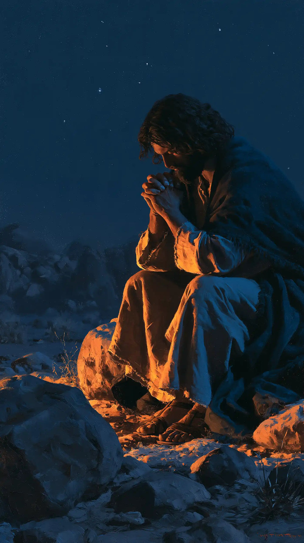 Jesus in the desert during the temptation in Midnight Blue Chiaroscuro style, portrait Christian artwork no. 24