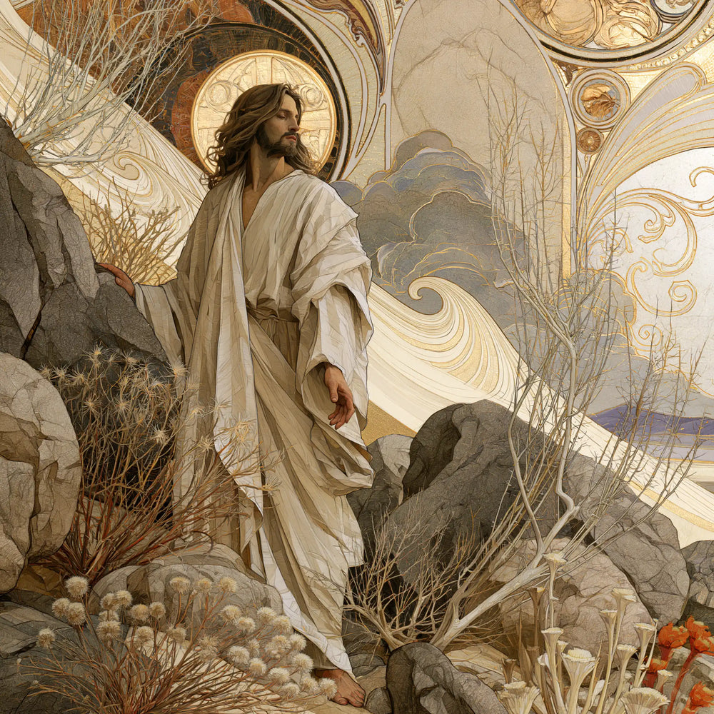 Jesus in the desert during the temptation in Sacred Art Nouveau style, square Christian artwork no. 1