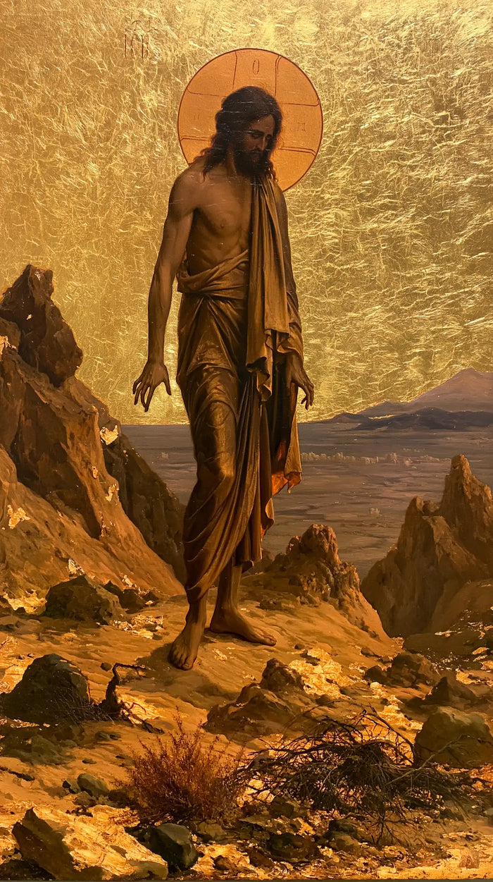 Jesus in the Desert — Bronze Drapery beneath the Red Halo