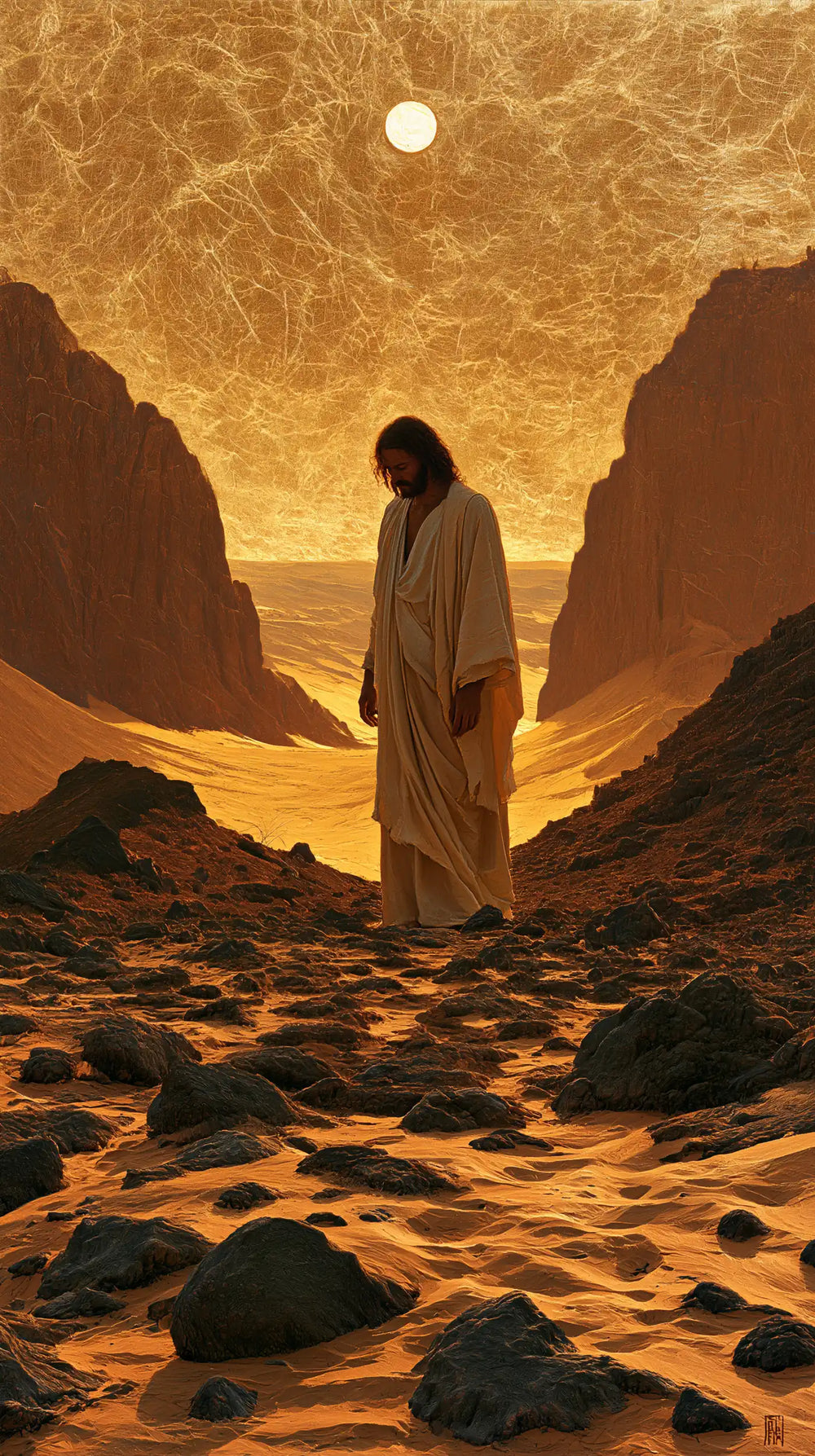Jesus in the desert during the temptation in Sacred Gold style, portrait Christian artwork no. 15
