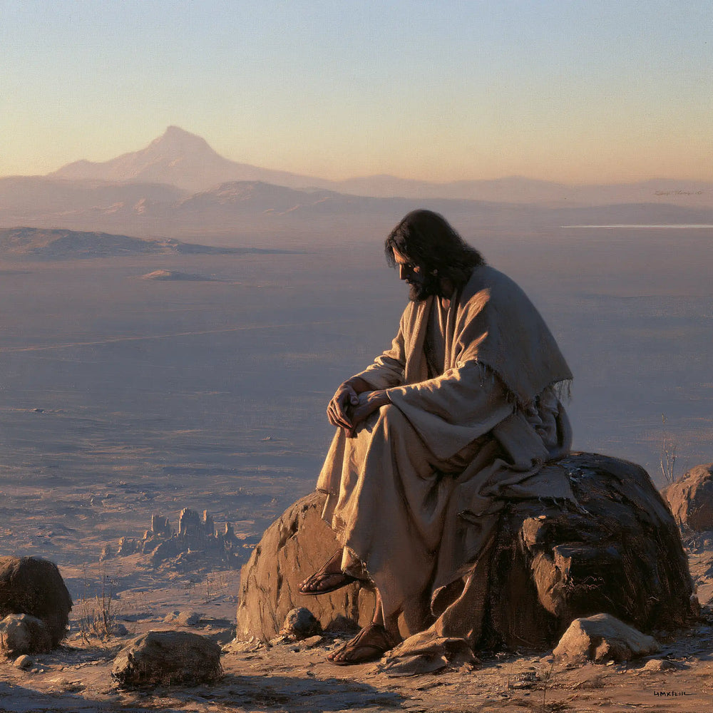 Jesus alone in the silence of the desert in The Silence of the Desert style, square Christian artwork no. 3