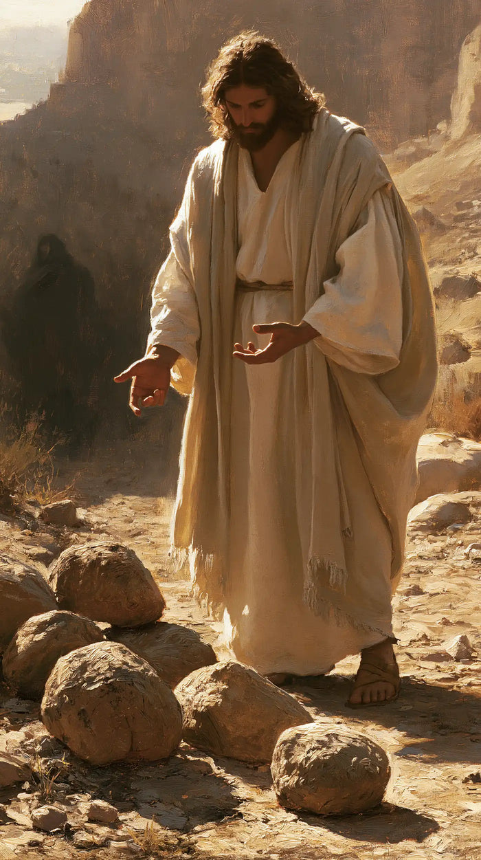 Jesus in the Desert — Hands Lowered toward the Pale Stone