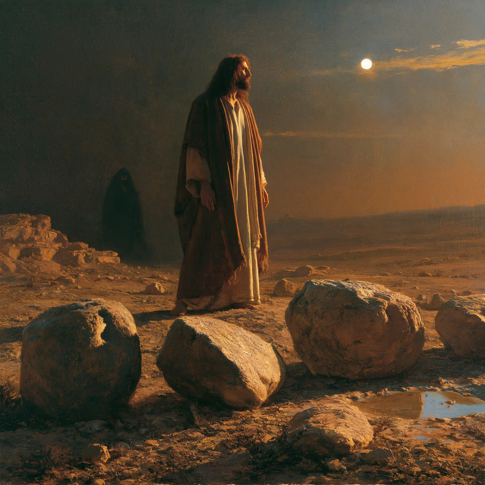 Jesus facing the temptation to turn stones into bread in The Stones of Temptation style, square Christian artwork no. 1