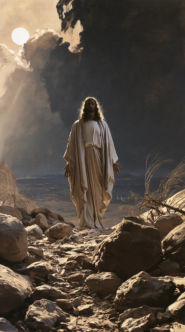Jesus in the Desert — The Narrow Passage beneath the Veiled Orb