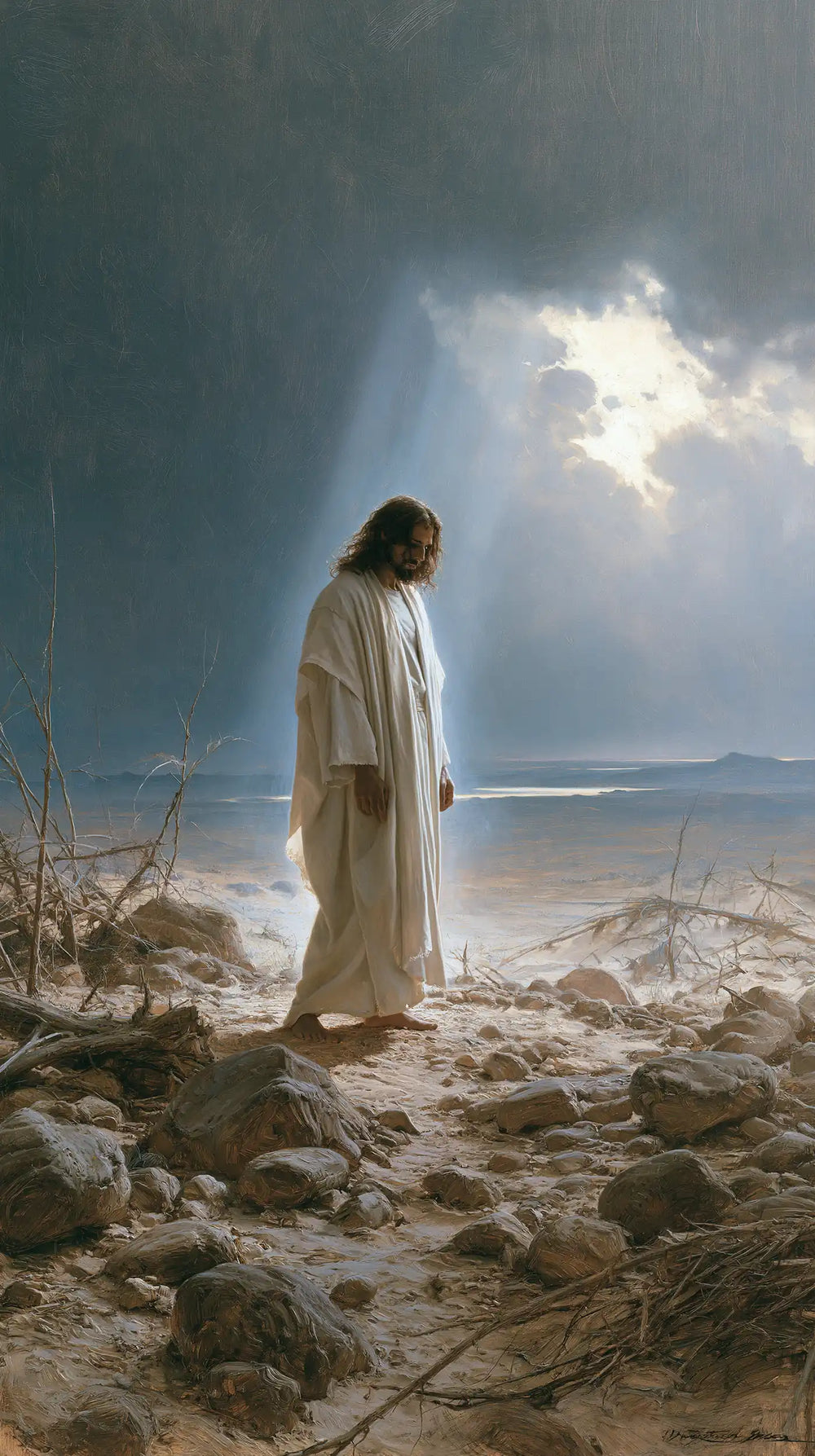 Jesus in the desert during the temptation in Symbolist style, portrait Christian artwork no. 3