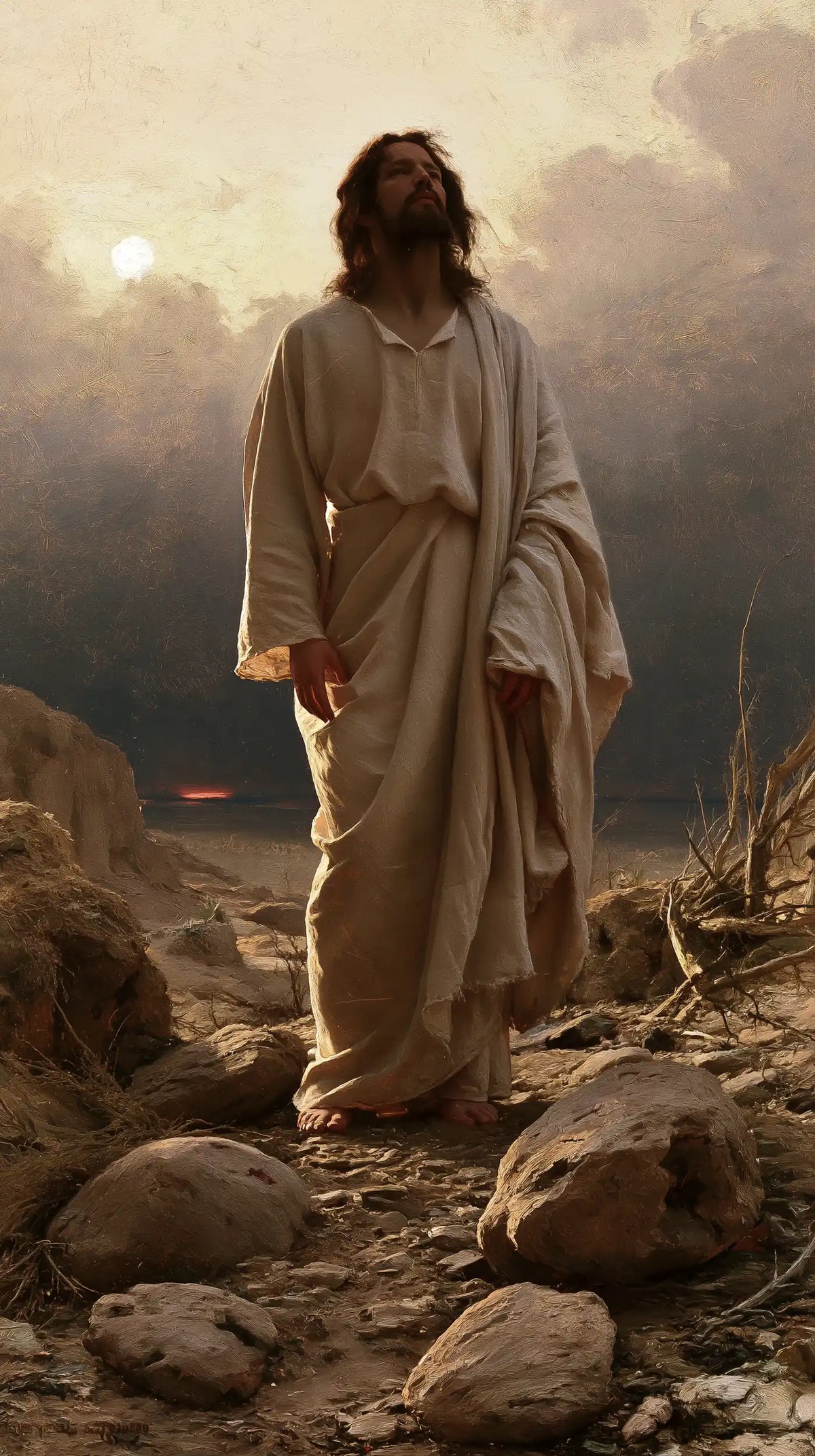 Jesus in the Desert — The Face Lifted toward the Tender Sky