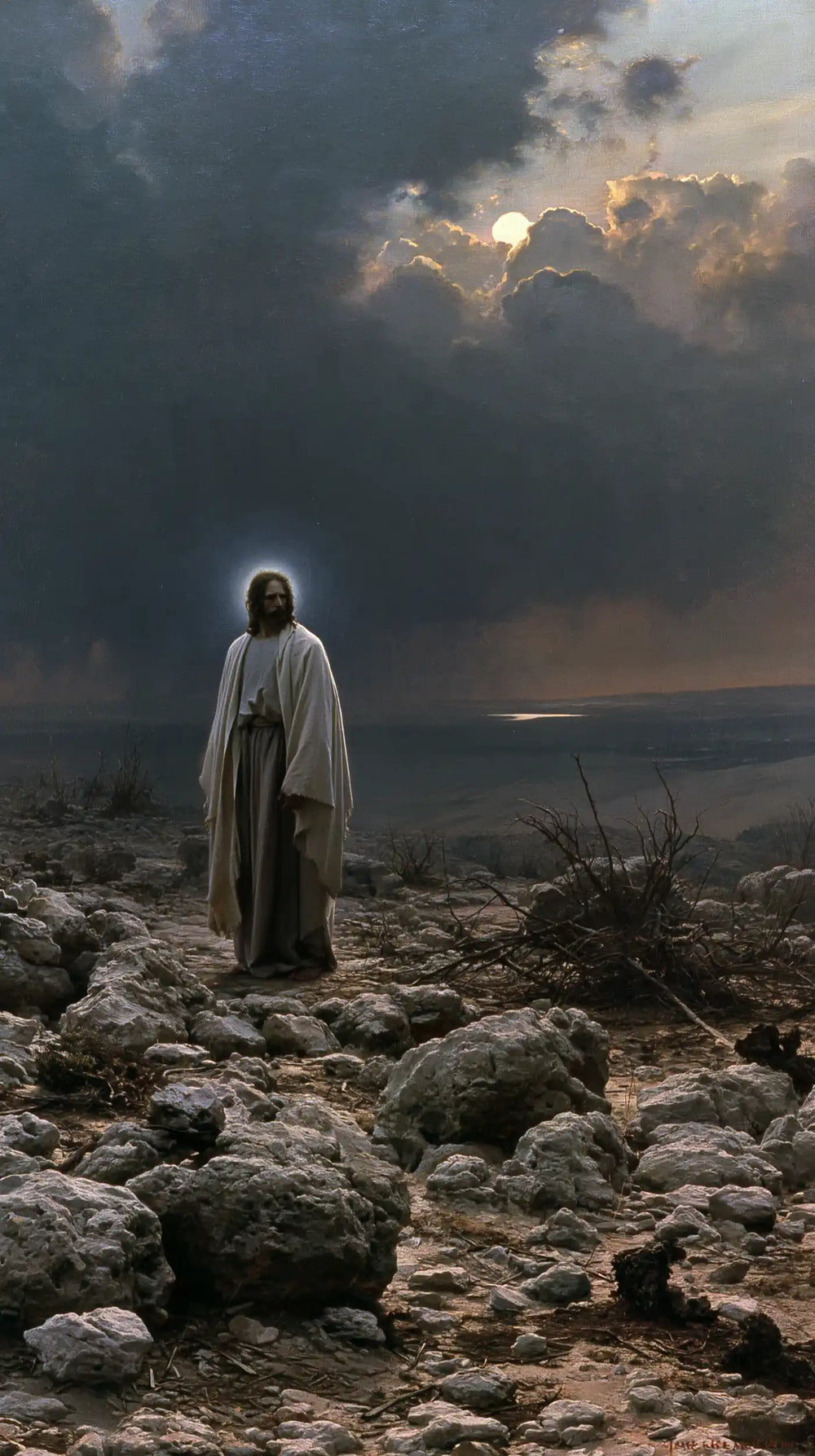 Jesus in the desert during the temptation in Symbolist style, portrait Christian artwork no. 15