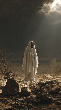 Jesus in the Desert — White Stillness beneath the Towering Sky