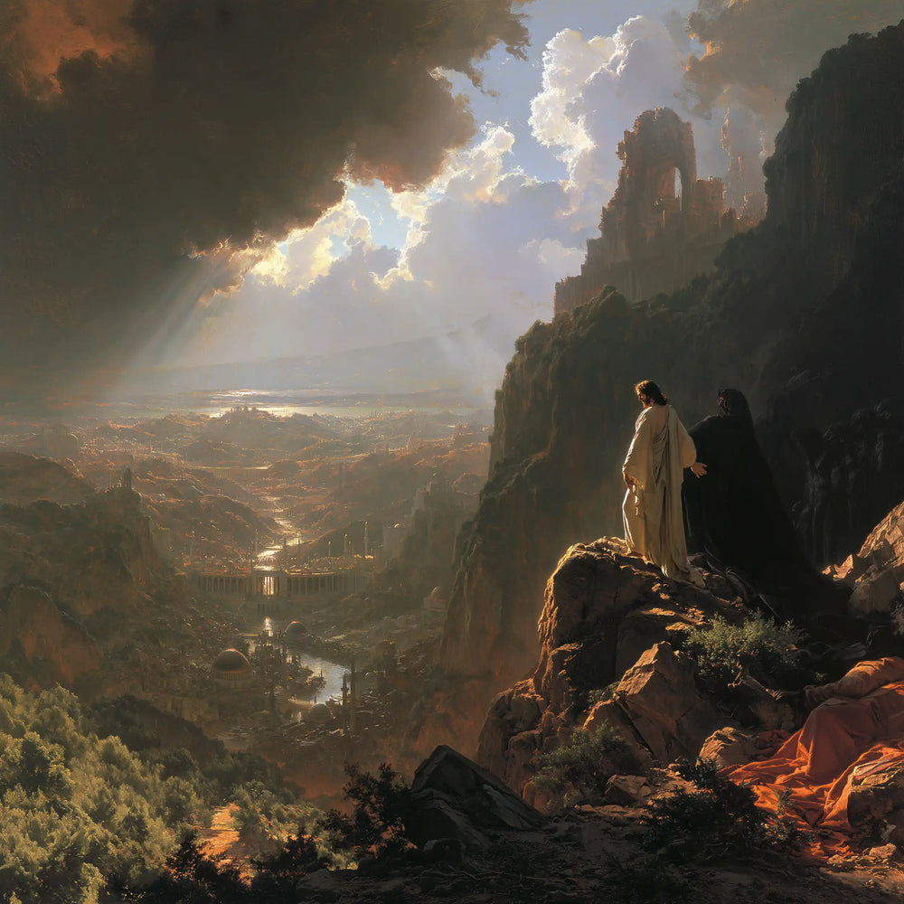 Jesus resisting the temptation of the kingdoms of the world in The Temptation of the Kingdoms style, square Christian artwork no. 4