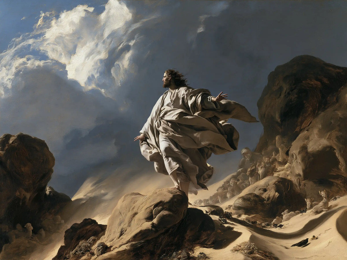 Jesus in the desert during the temptation in Theatrical Baroque style, landscape Christian artwork no. 11