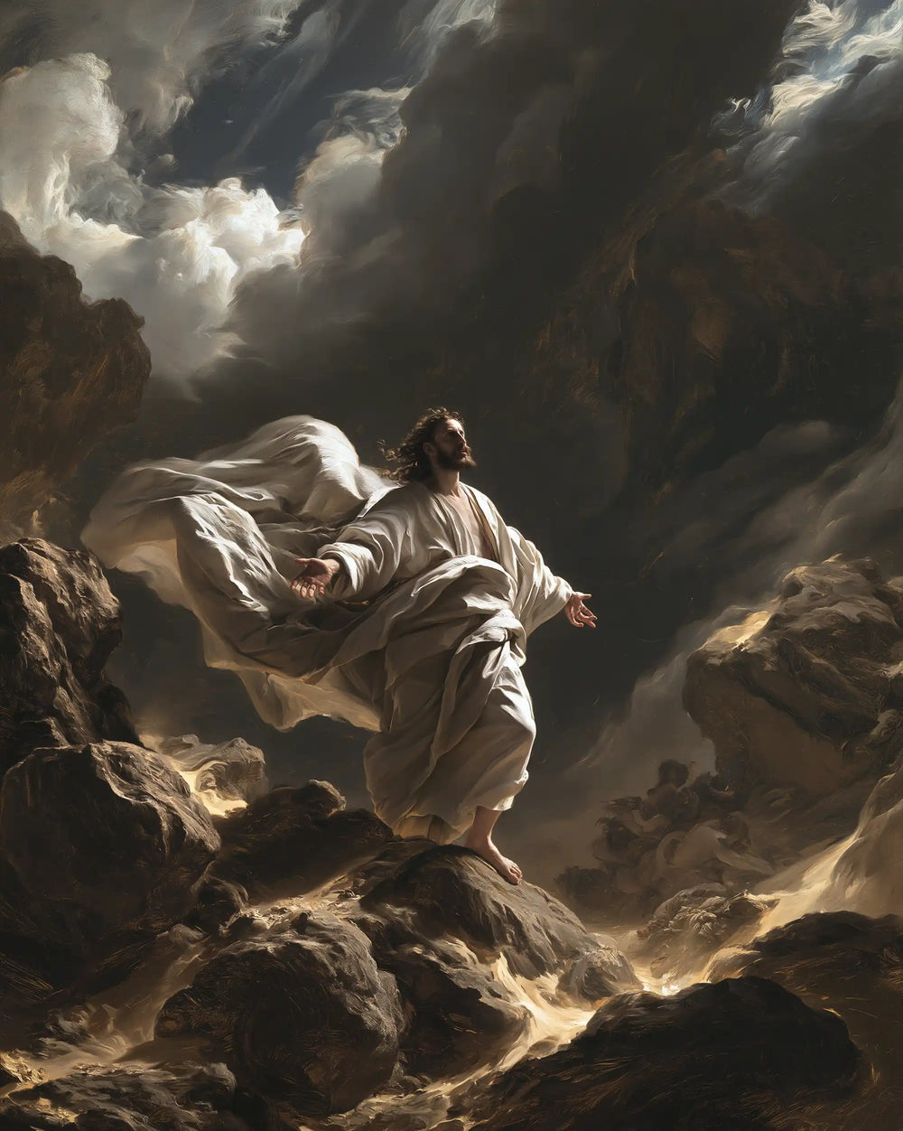Jesus in the desert during the temptation in Theatrical Baroque style, portrait Christian artwork no. 37