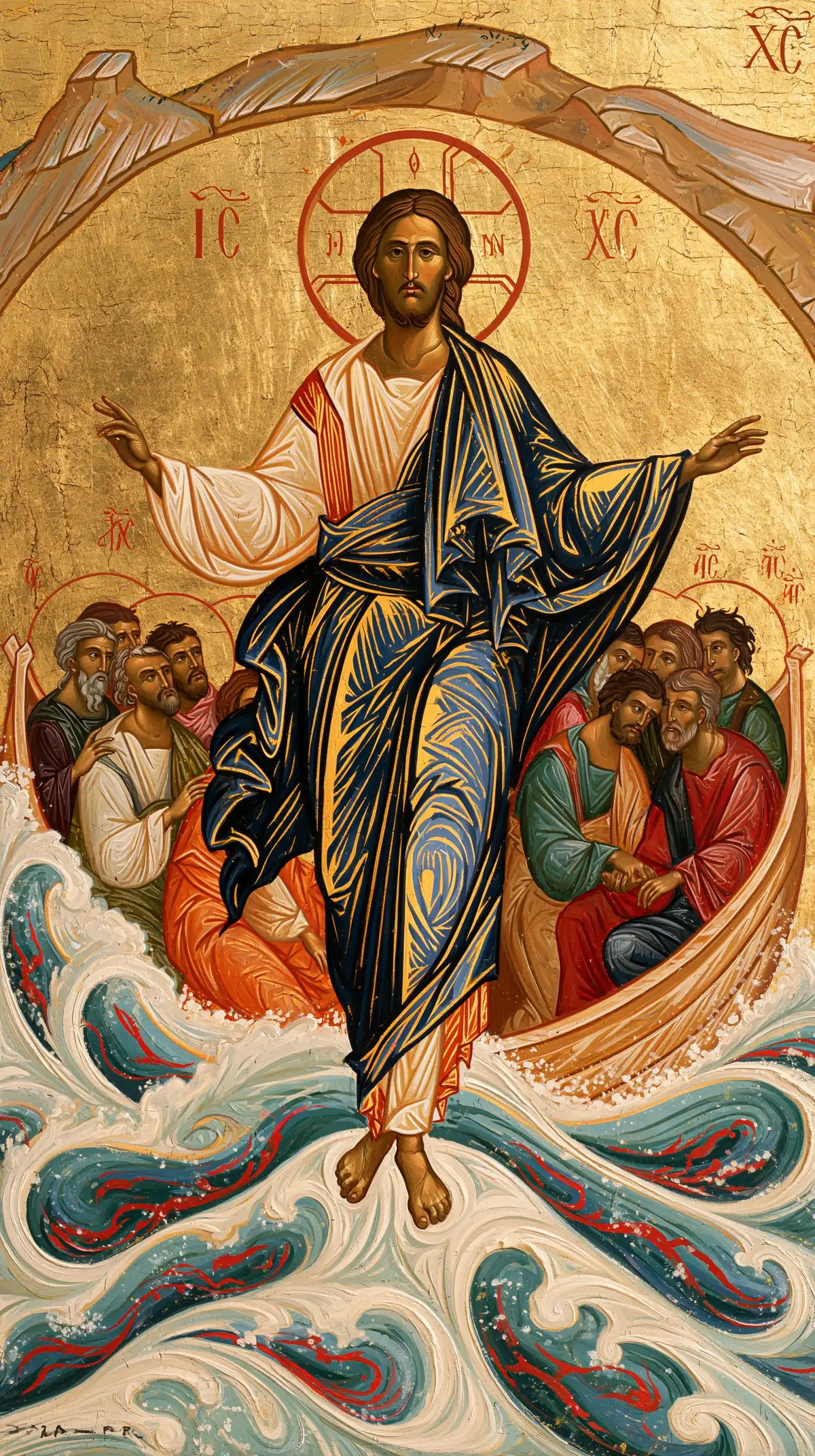 Jesus walking on water in Contemporary Byzantine style, portrait Christian artwork no. 11
