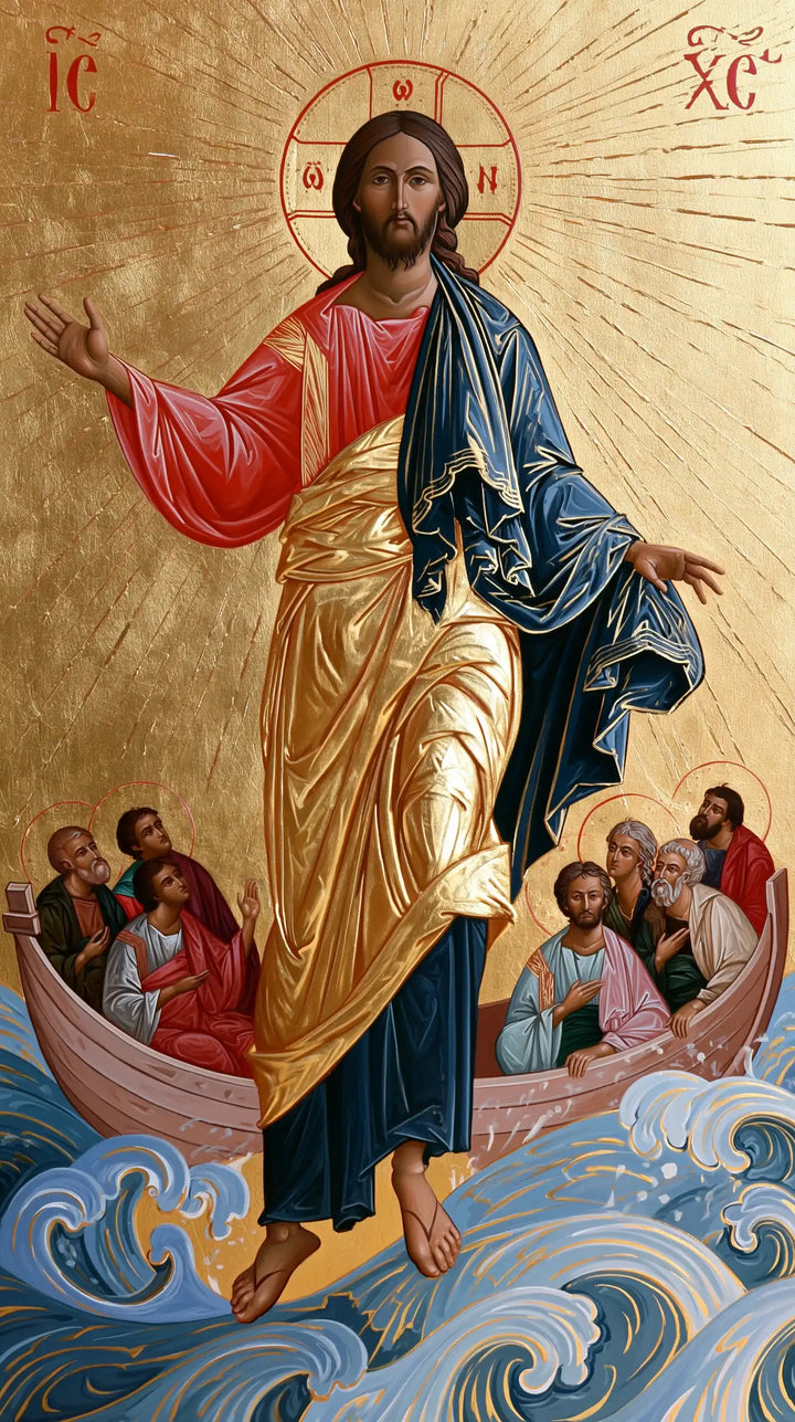Jesus Walking on Water — Golden Folds between the Rose-Coloured Boats