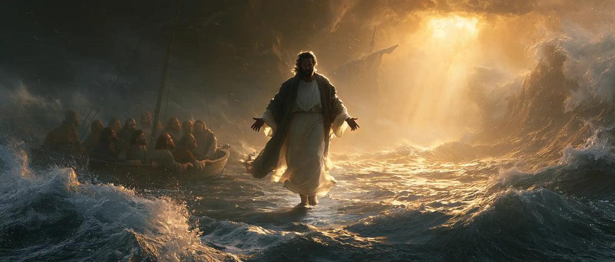 Jesus walking on water in Explosion of Movement style, landscape Christian artwork no. 20