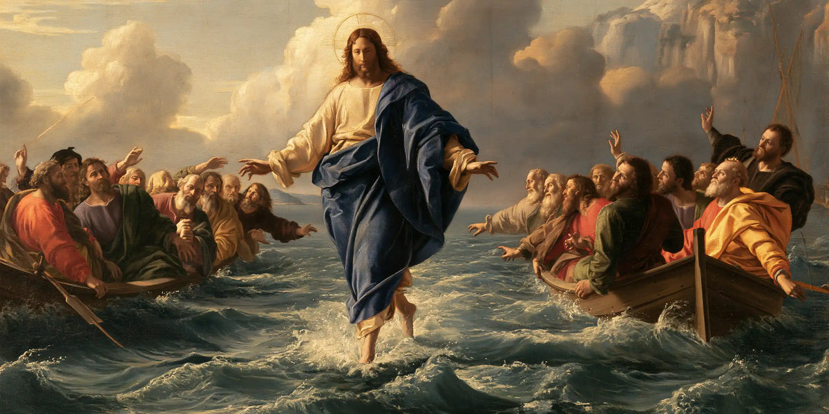 Jesus Walking on Water — Deep Blue beneath Golden Clouds