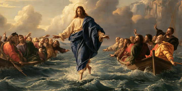 Jesus Walking on Water — Deep Blue beneath Golden Clouds