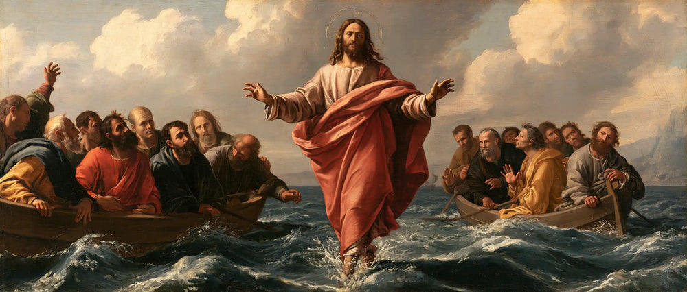 Jesus walking on water in Florentine Renaissance style, landscape Christian artwork no. 33