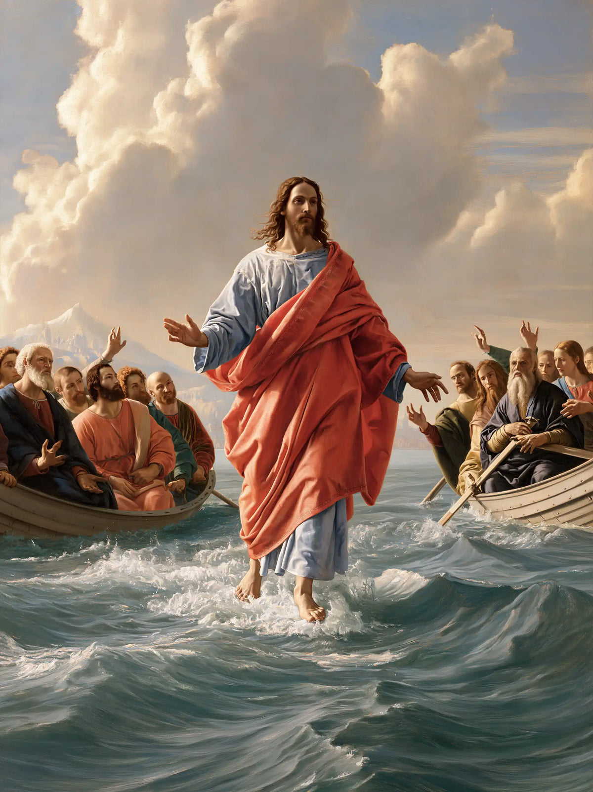 Jesus Walking on Water — The Coral Drape beneath Ivory Clouds