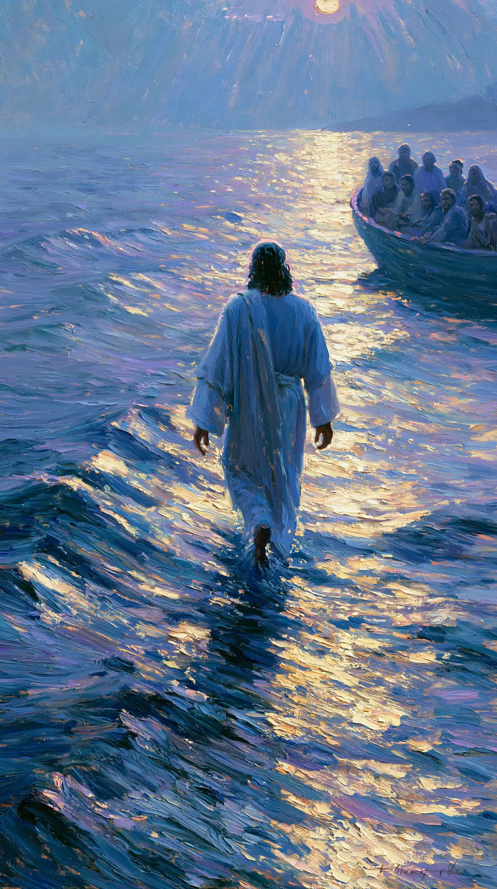 Jesus walking on water in Impressionist style, portrait Christian artwork no. 2