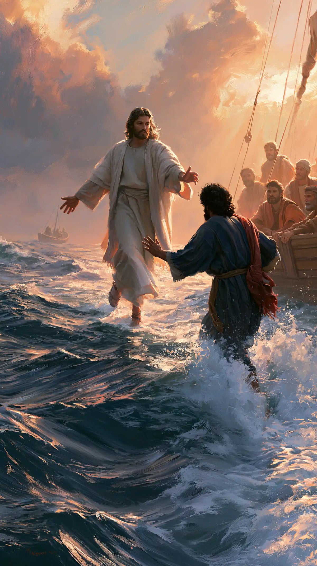 Jesus Walking on Water — The Shared Step beneath Coral Clouds