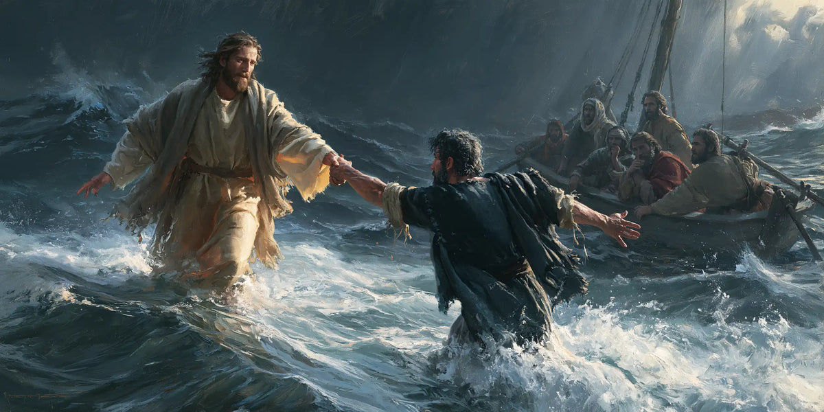 Jesus Walking on Water — Arms Spread around the Rescue