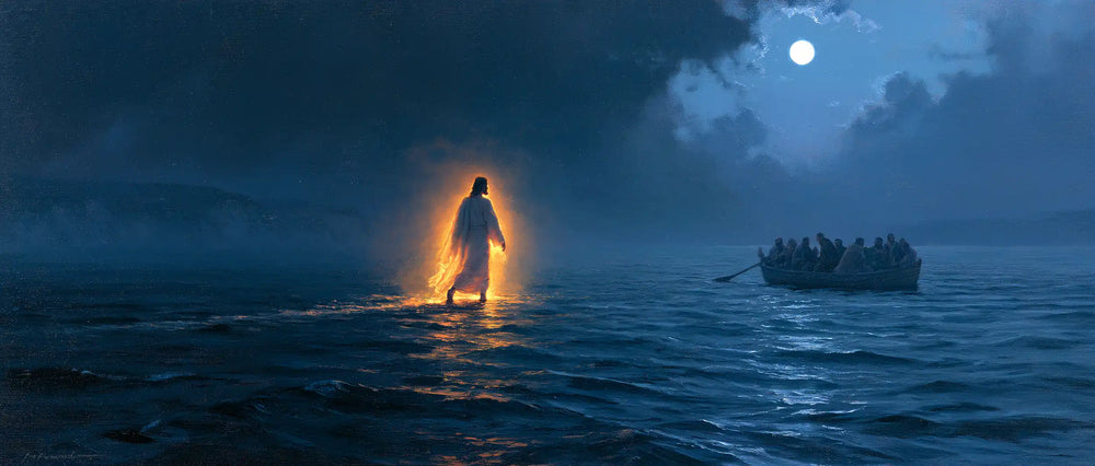 Jesus walking on water in Midnight Blue Chiaroscuro style, landscape Christian artwork no. 13