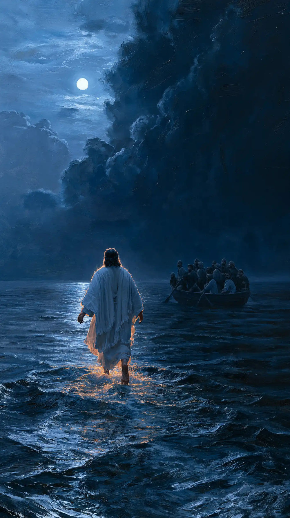 Jesus walking on water in Midnight Blue Chiaroscuro style, portrait Christian artwork no. 5