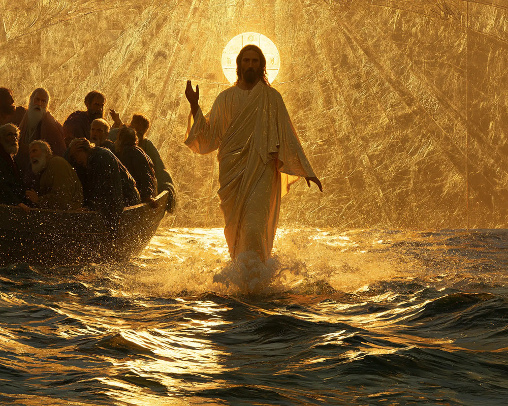 Jesus walking on water in Sacred Gold style, landscape Christian artwork no. 11